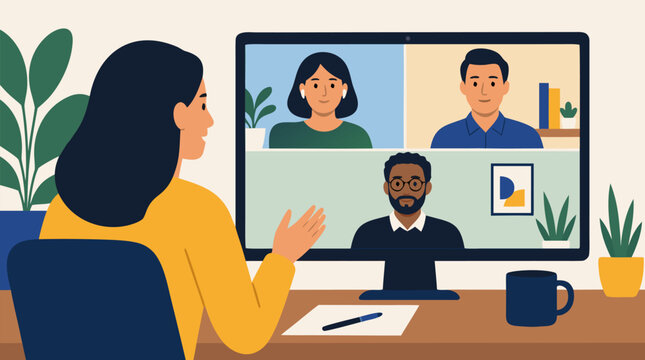 Professional woman conducting a video interview with three remote colleagues on a desktop screen, hybrid hiring, online meeting, virtual teamwork and modern recruitment vector illustration