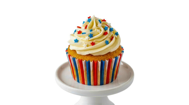 Delicious cupcake with red and blue sprinkles on a small cake stand isolated on transparent background