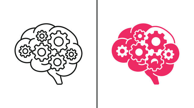 Two brain icons featuring gear mechanisms in both outline and solid pink styles.