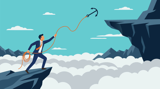 Determined executive casts a grappling hook from a cliff toward a distant ledge above rolling fog, symbolizing ambition, risk taking, leadership, career ascent, and bold business strategy