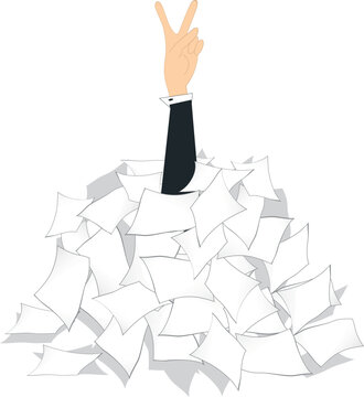 Hand with victory gesture arising from a pile of papers