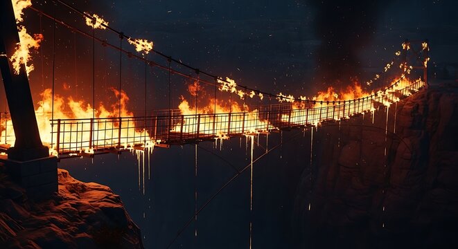 Burning Suspension Bridge Spanning Rocky Canyon at Night
