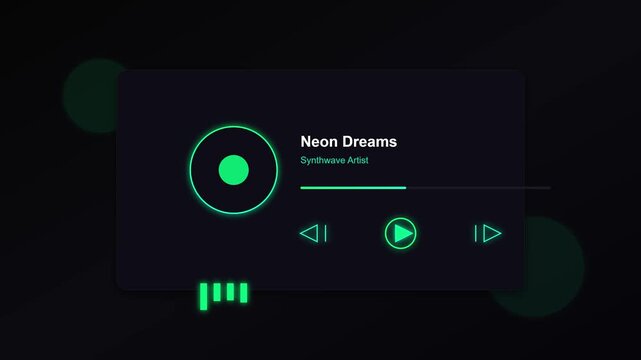 Digital music interface with glowing neon green playback controls and motion animation for synthwave video content