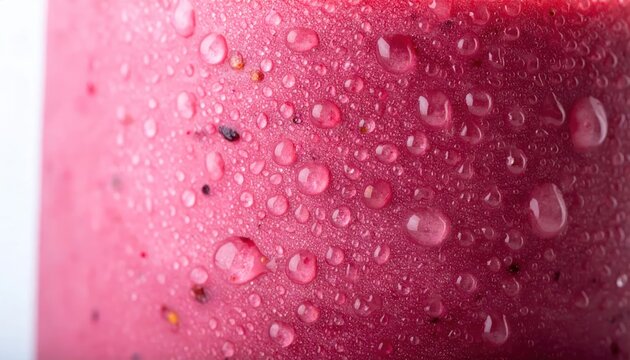 Macro detail of cold pink smoothie glass.
