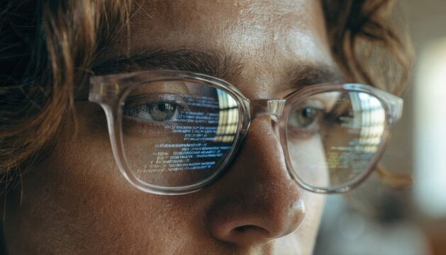 Close-up of a person wearing glasses with reflected computer code, indicating focus on programming, technology, and digital work.