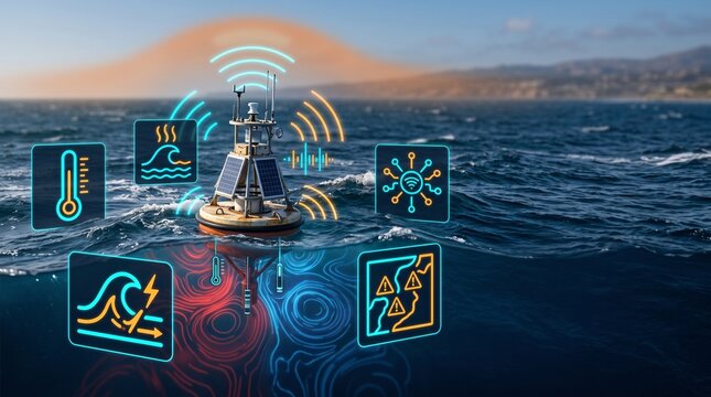 Ocean Temperature Monitoring Buoy with Data Visualization Icons