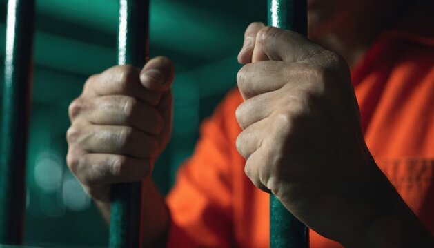 Close-up of a person's hands gripping jail cell bars, wearing an orange prison uniform, symbolizing incarceration and confinement.