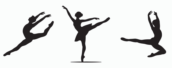 Set of elegant ballet dancer silhouettes in expressive poses, showcasing leaps, extensions, and graceful movements. Minimalist black vector illustrations isolated on a light background for dance. © MD Rokib Adobe