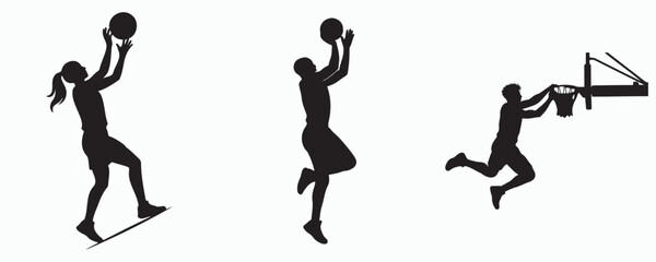 Collection of basketball player silhouettes isolated on gray background. Black vector illustrations of athletes dribbling, shooting, and performing a slam dunk, ideal for basketball clubs, tournaments © MD Rokib Adobe