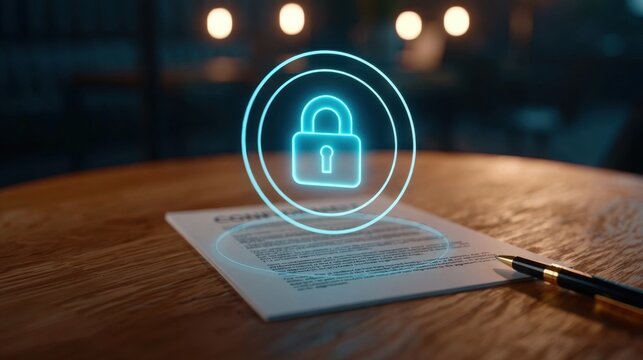 Digital security concept with glowing lock icon projected over contract document and pen placed on wooden table in dimly lit room background