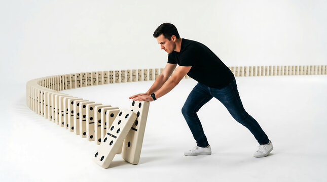 Man pushing down standing dominoes in long row on clean white studio background.