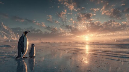 Obraz premium Majestic Penguins on Ice at Sunset in a Dreamy Antarctic Landscape