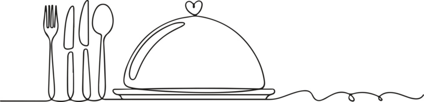 Continuous line drawing of utensils and a covered dish with a heart