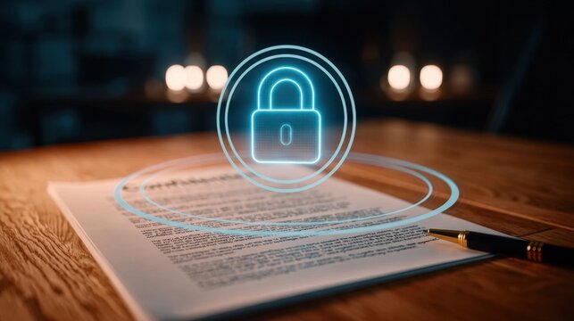 Digital security concept with glowing blue padlock icon symbolizing protection of confidential document on wooden table with pen in dimly lit environment