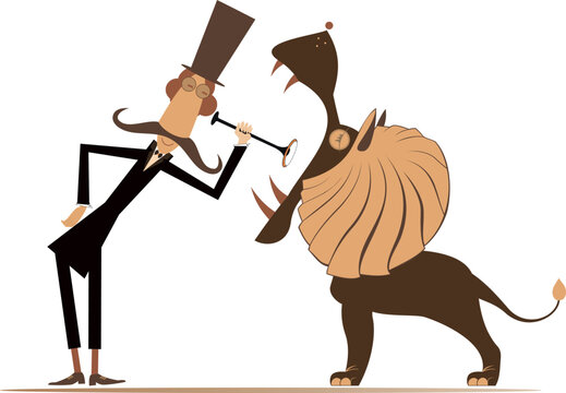 Medical exam. Cartoon man in the top hat examining mouth of a lion