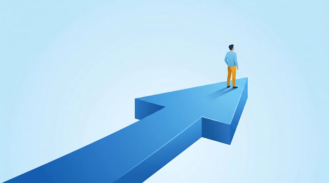 Businessman standing on large blue arrow pointing upward indicating career growth.