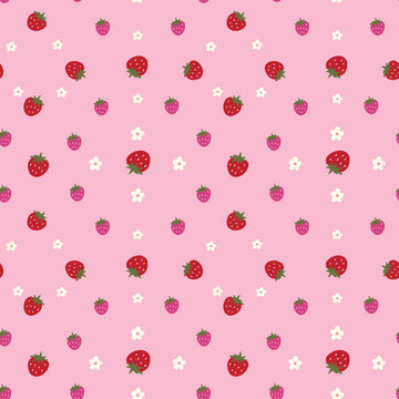 Cute Seamless Strawberry Pattern with Small Flowers on Pink Background