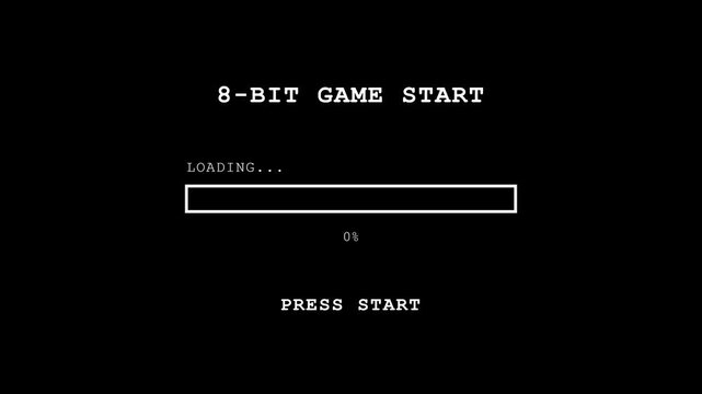 Retro 8 bit game start interface with loading progress bar animation for classic digital video footage