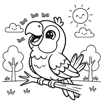 Parot Coloring Page for Kids, Cute Cartoon Animal Line Art Illustration
