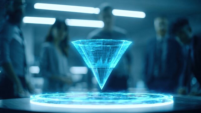 Futuristic holographic inverted cone with data visualization displayed on glowing circular platform in modern tech office with professionals in background