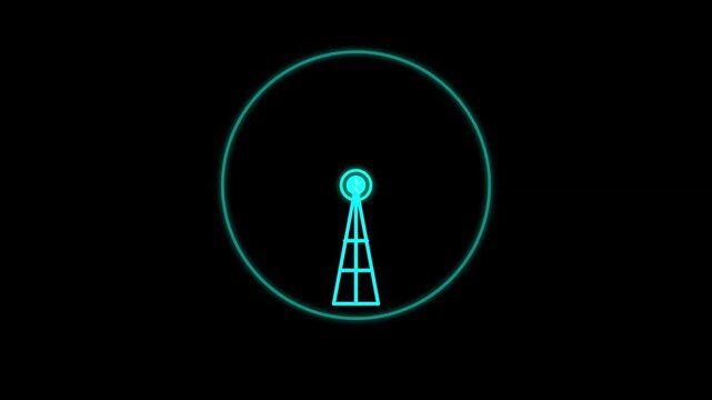 Blue radio tower emitting glowing signal waves in a digital motion graphic animation for broadcast technology
