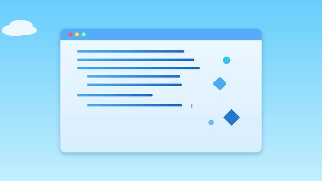 Browser window interface animation showing abstract floating shapes and text lines for creative digital motion footage