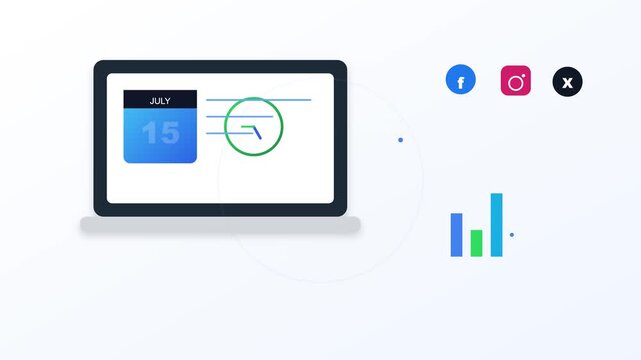 Laptop screen displaying a digital calendar and clock motion animation for professional business time management software