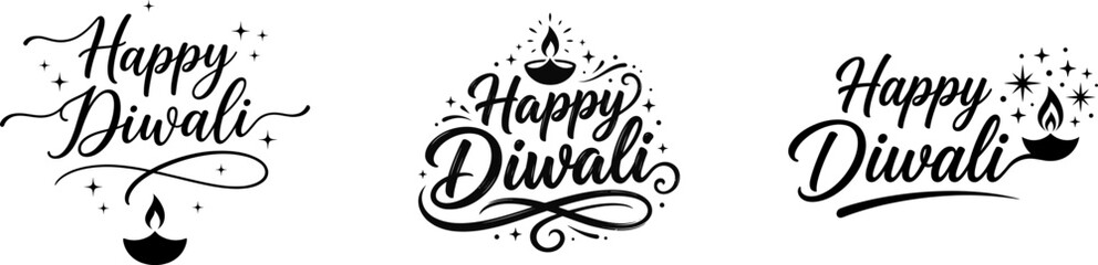 Happy diwali calligraphy designs festive indian deepavali celebration typography oil lamp graphics © Parvez