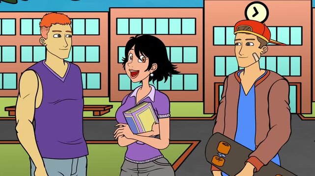 Group of Young Students Chatting Outside School Campus Building, Teenage Friends and College Lifestyle, 2D Vector Scenery Animation
