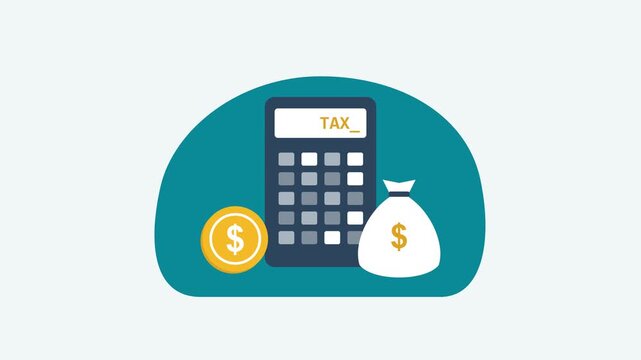 Tax Calculation and Financial Planning Concept. An animated illustration showing a calculator with 'TAX' text, a gold coin, and a money bag. Perfect for finance, accounting, and business tax reports