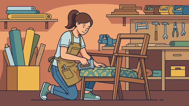 Teenage Woman Upholsterer Practicing Fabric Skills in Workshop