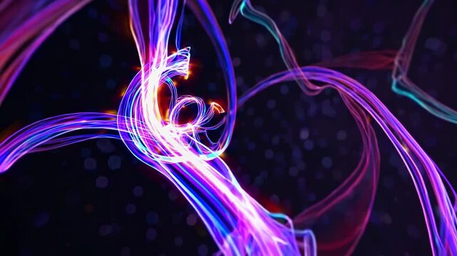Colorful light trails swirl and intertwine in a dynamic motion, creating vibrant patterns against a dark background, showcasing a continuous flow of energy and movement