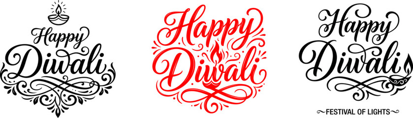 Happy diwali typography designs festive calligraphy oil lamp illustrations for celebrations © Parvez