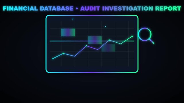 Financial database audit investigation report displaying glowing neon data analytics on a dynamic digital motion clip