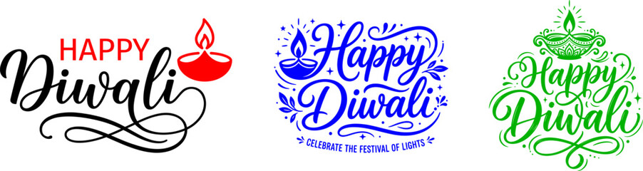 Happy diwali typography designs festive lettering with oil lamps and celebratory graphics © Parvez