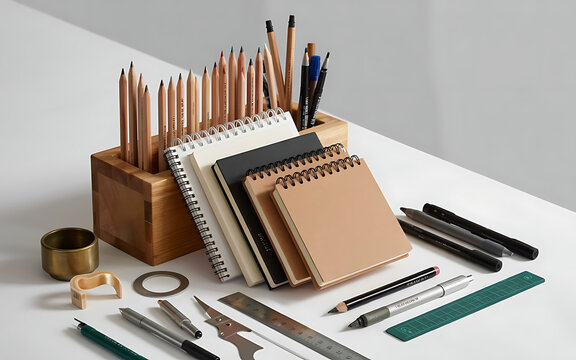 Stationery flatlay with wooden organizer notebooks and drafting tools