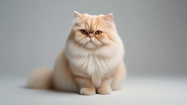 A fluffy cream-colored Persian cat with round face, amber eyes, short muzzle, and thick well-groomed coat, sitting on light gray surface against neutral background, symbolizing elegance and feline cha