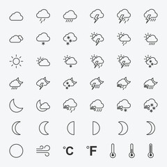 Obraz premium Weather Line Icons Set with 40+ Editable Outline Climate and Forecast Vector Symbols