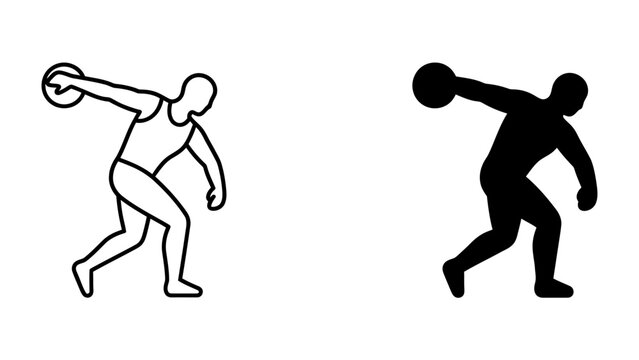Discus Thrower Icon: A minimalist depiction of a discus thrower in motion, presented in both outline and silhouette form, symbolizing athletic prowess and competition.