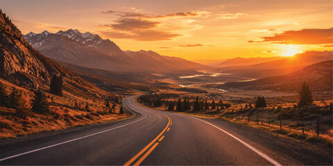 Scenic Desert Highway Through Mountain Valley at Sunset with Dramatic Sky and Empty Asphalt Road for Travel and Adventure Concept © NusratJahan