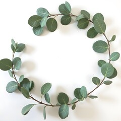 Obraz premium Circular wreath made of green leaves on white background flat lay
