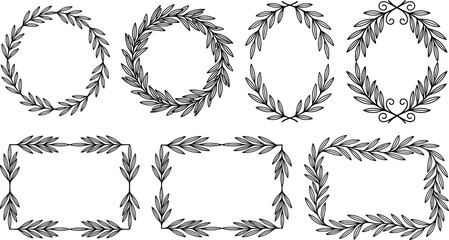 Set of olive branch frames and wreaths, hand drawn botanical borders for wedding stationery and greeting cards transparent background © SampaRani