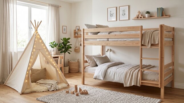 Bright kids room with bunk bed and play tent
