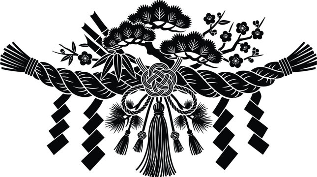 Traditional Japanese New Year Shimenawa Ornament Vector Illustration Featuring Pine, Bamboo, and Plum Blossom. Auspicious Shinto Symbols for Cultural Celebration and Prosperity Design.