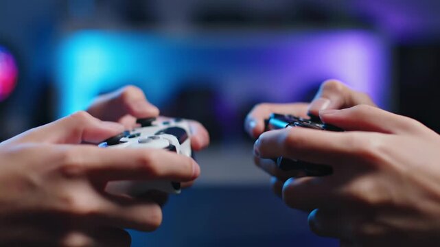 Two players holding controllers on sofa, neon RGB lights and blurred monitor create energetic tournament atmosphere, quick thumbwork and mirrored grips show intense local multiplayer match,