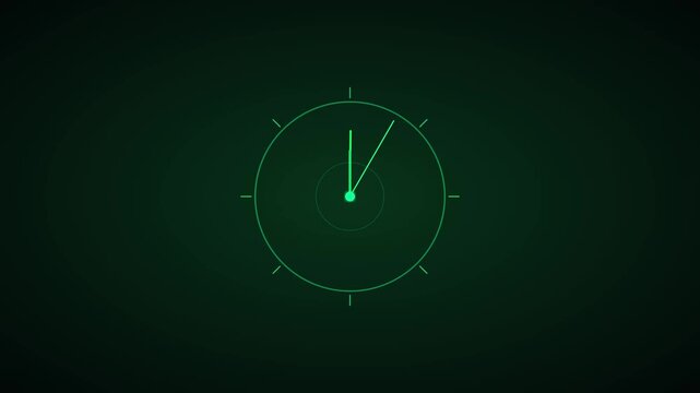 Minimalist digital clock animation featuring a glowing green circular interface for precise time tracking motion footage