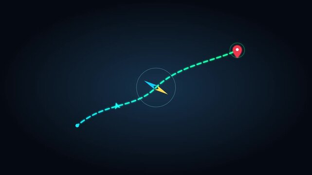 Animated compass needle rotating along a dotted travel path towards a red destination pin motion footage