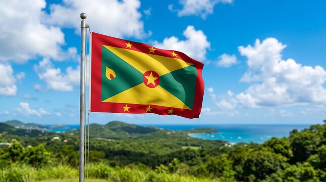 Grenada national flag waving on flagpole with tropical green hills and blue sea landscape backdrop