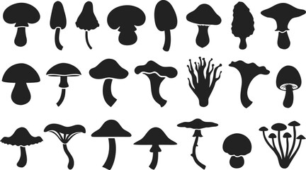 Mushroom Silhouette Set with Various Fungi Shapes and Wild Forest Mushrooms Vector Collection © MdMojammel