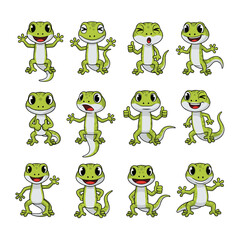 Fototapeta premium Collection of twelve small colorful cartoon gecko icons